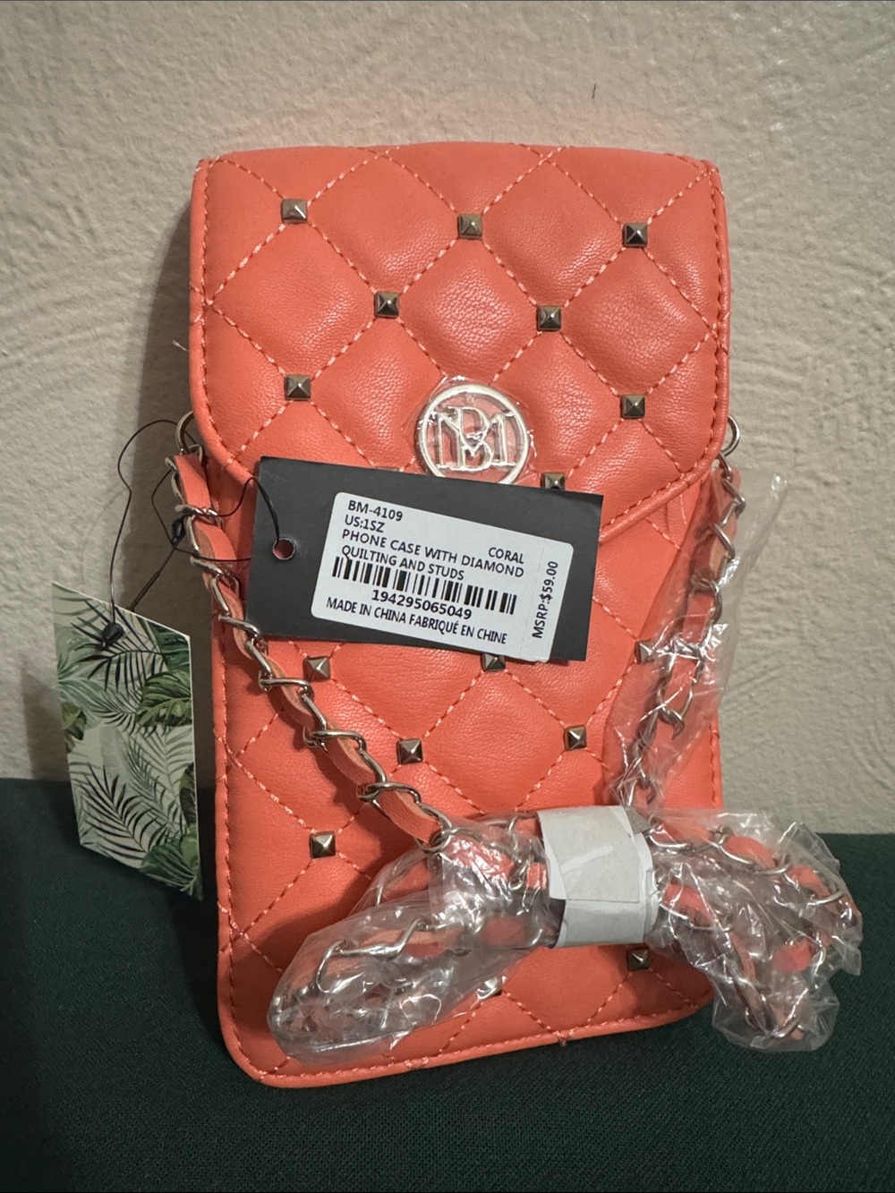 Badgley Mischka Coral Quilted Crossbody Phone Bag with Studs
